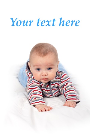 Little baby boy on white background thinkingの写真素材