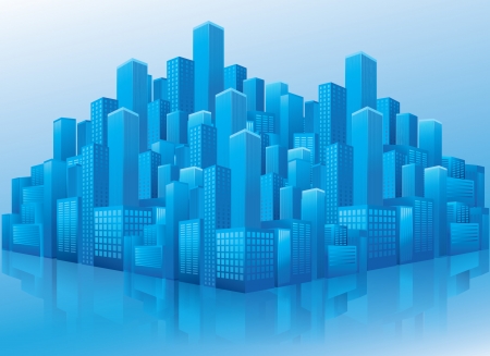 Illustration of business office buildings in perspective view on blue backgroundのイラスト素材