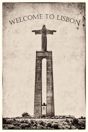 Statue of Christ in Lisbon, Postcard Styleの写真素材
