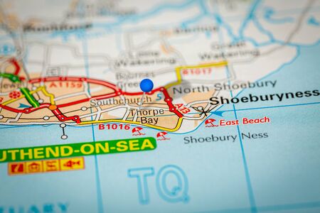 Blue Map Pin on Paper Map Showing Thorpe Bayの写真素材