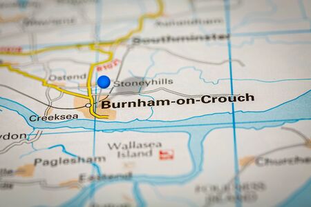 Blue Map Pin on Paper Map Showing Burnham on Crouchの写真素材