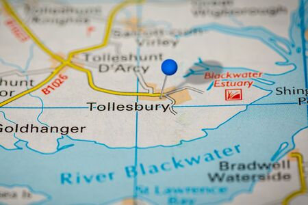 Blue Map Pin on Paper Map Showing Tollesburyの写真素材