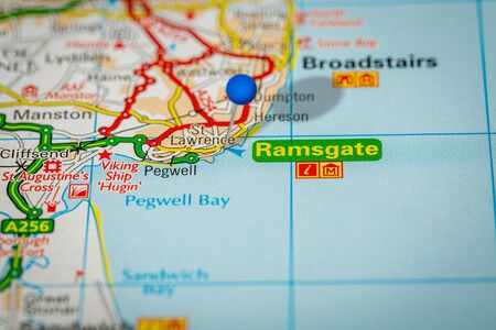 Blue Map Pin on Paper Map Showing Ramsgateの写真素材