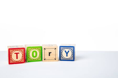 Childrens Wooden Alphabet Blocks Spelling the Word Toryの写真素材