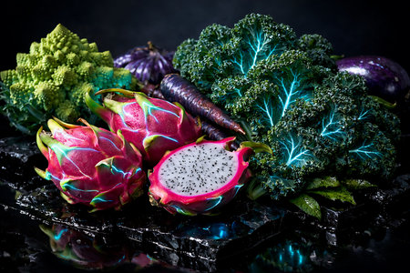 Dragon Fruit and Kale with Glowing Blue Neon Light Effectsの素材