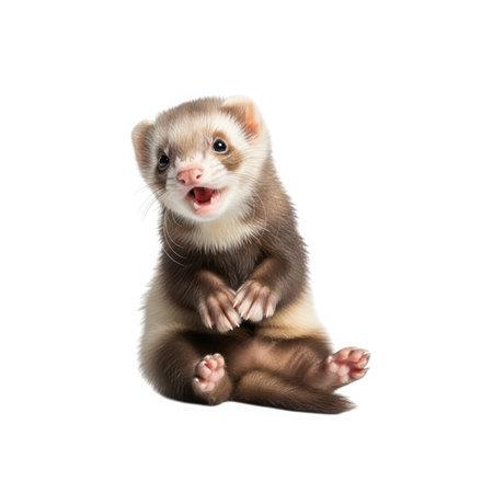 A cute baby ferret sits alertly, its fur a mix of brown and grey, with bright eyes and a small pink nose. Its mouth is open, giving it an inquisitive expression. A delightful pet portrait.の素材