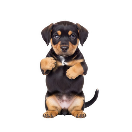 A charming Dachshund puppy stands on its hind legs, curiously holding a tiny yellow object. This heartwarming image captures the playful spirit and endearing nature of a young dog.の素材