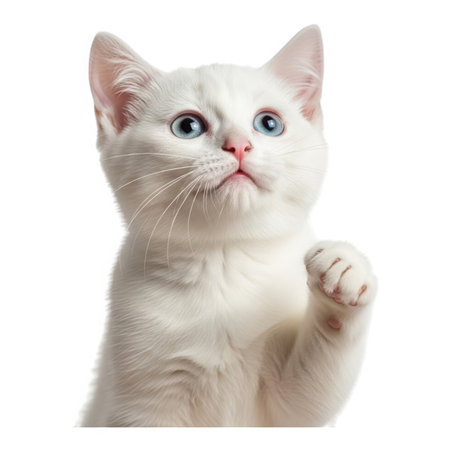 A fluffy baby white kitten with big blue eyes looks upwards with one paw raised in a playful gesture. This adorable feline is ready for attention and cuddles.の素材