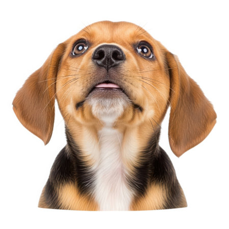 A charming young Beagle puppy with soulful, wide eyes gazes upwards. This cute dog is ready for playtime, offering boundless joy and affection to any loving home. A perfect furry friend.の素材