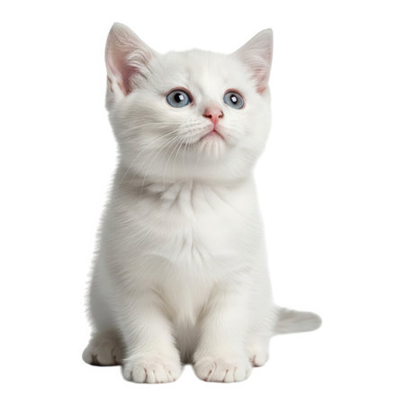 A charming pure white kitten with captivating blue eyes and delicate pink ears sits attentively. This image captures the innocent beauty of a young feline, perfect for pet lovers.の素材