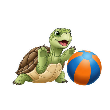 A charming young turtle with a happy expression is depicted alongside a vibrant beach ball, evoking feelings of joy and outdoor adventures perfect for summer.の素材