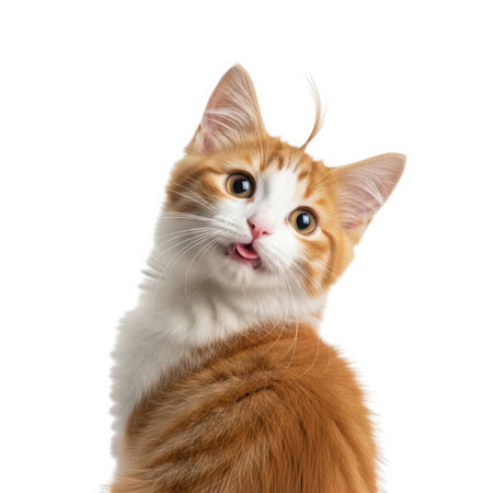 This close-up studio shot features a cute orange and white kitten looking curious with its head tilted and a playful tongue out. A heartwarming image of a young feline friend.の素材