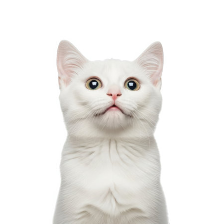 This charming close-up portrait features a fluffy white kitten with striking pink eyes. The young cat's innocent gaze and slightly tilted head create an irresistible sense of curiosity and playful charm.の素材