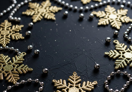 A festive arrangement of golden snowflakes and silver beads creates a decorative border, evoking the spirit of the holiday season and winter celebration. This imagery is ideal for seasonal greetings and event promotion.の素材