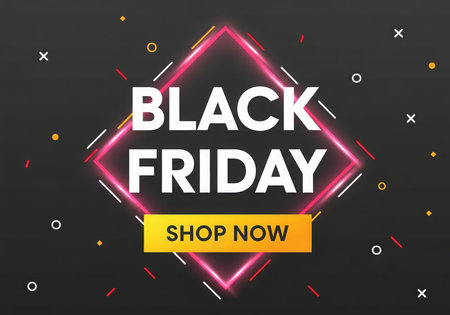 A vibrant promotional graphic announces Black Friday with a neon-outlined diamond shape. The text 'BLACK FRIDAY' is prominently displayed, followed by a 'SHOP NOW' button, set against a dark background with scattered abstract shapes.の素材