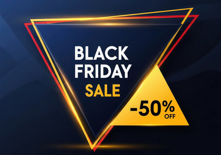 A striking Black Friday sale flyer featuring a neon-outlined triangle with a bold 'BLACK FRIDAY SALE' message. A prominent yellow triangle indicates '-50% OFF', perfect for promotional advertising and retail announcements.の素材