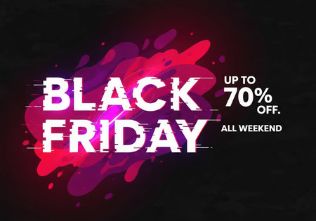 Black Friday sale announcement featuring 'up to 70% off' and 'all weekend' text. The graphic uses vibrant colors and a glitch effect on the text, indicating a promotional event.の素材
