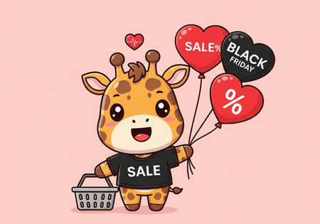 A cute cartoon giraffe wearing a 'SALE' t-shirt and holding heart-shaped balloons reading 'SALE' and 'BLACK FRIDAY' stands next to a shopping basket, conveying excitement for shopping and discounts.の素材