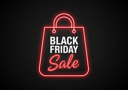 A vibrant neon sign shaped like a shopping bag announces a Black Friday sale. This graphic visually represents promotional discounts and the start of holiday shopping season.の素材