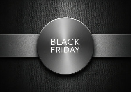 A sophisticated Black Friday promotional graphic featuring a metallic emblem and ribbon on a textured dark background, symbolizing retail sales and special offers for shoppers.の素材