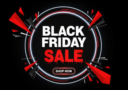A dynamic advertisement for a Black Friday sale, featuring a prominent neon circle with bold text. The graphic includes energetic bursts and a 'Shop Now' button, designed to attract shoppers.の素材