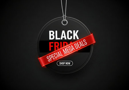 This image announces Black Friday mega deals with a hanging tag and a red ribbon. It's perfect for online and in-store retail promotions, sales events, and shopping advertisements during the holiday season.の素材