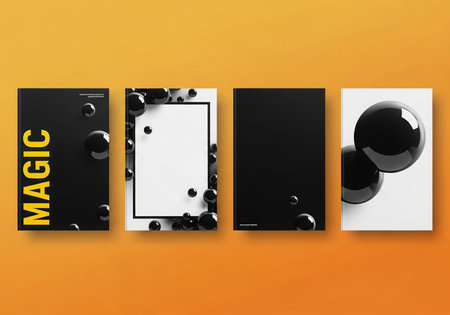 A collection of four abstract card designs featuring geometric circles and dark abstract shapes. The designs are set against a warm orange gradient background, highlighting the modern and dynamic visual elements.の素材