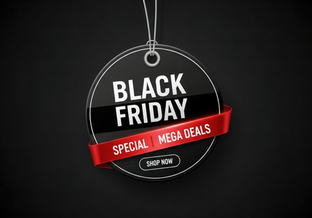 A round tag advertisement for Black Friday, featuring the text 'Black Friday' prominently and a red ribbon with 'Special Mega Deals' below it. Includes a 'Shop Now' button.の素材