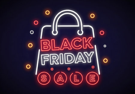 A vibrant neon sign advertising a Black Friday sale with a shopping bag design. Features glowing text and decorative elements against a dark background, perfect for promotional material.の素材