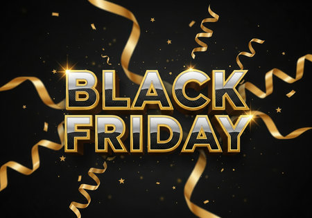 Celebrate the Black Friday shopping event with this vibrant graphic. Featuring bold text and a festive atmosphere with golden ribbons and scattered confetti, perfect for promotions and advertisements.の素材
