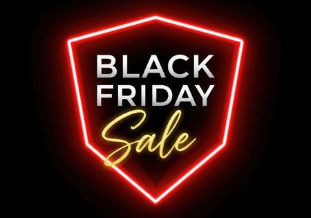 A vibrant neon sign announcing a Black Friday sale. The glowing text promotes shopping and offers opportunities for discounts and deals during the popular retail event.の素材