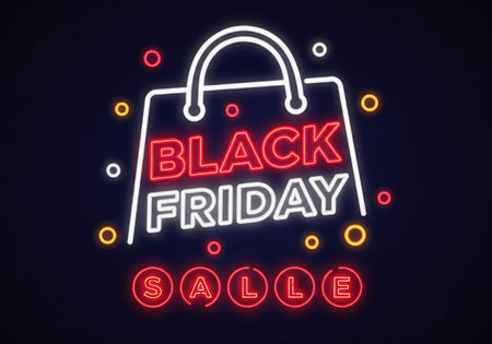 Neon sign displays Black Friday sale text within a shopping bag graphic. Features glowing sale text and confetti-like accents, symbolizing retail promotions and shopping events.の素材