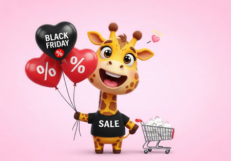 A cartoon giraffe with a "SALE" shirt holds a bouquet of heart-shaped balloons, one marked "BLACK FRIDAY," and a small shopping cart, symbolizing retail promotions and shopping events.の素材
