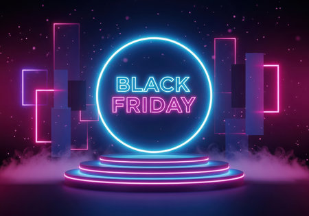 A vibrant neon sign displays "Black Friday" on a circular platform, surrounded by glowing geometric shapes and a smoky atmosphere, perfect for promotional use.の素材