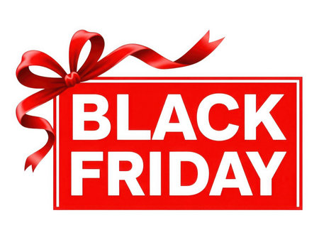 Promotional banner for Black Friday featuring a red sign with "BLACK FRIDAY" text and a decorative red ribbon bow. Ideal for announcing sales and shopping events.の素材