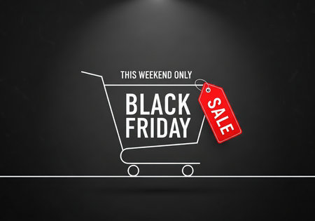 Promotional graphic for a Black Friday sale featuring a shopping cart outline and a red sale tag. Ideal for advertising retail events and discount offers.の素材