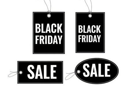Black Friday sale tags and labels designed for retail promotions. These tags announce discounts and special offers, ideal for marketing campaigns and event signage during the shopping season.の素材