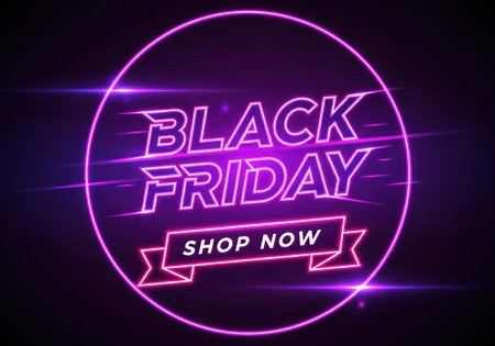 A neon sign advertises Black Friday with the words 'Shop Now' in a glowing purple light. This represents a retail sale event and promotion.の素材