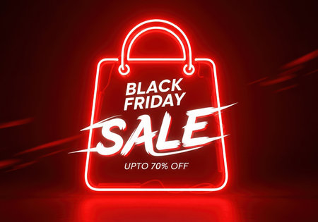 A neon sign shaped like a shopping bag displays 'Black Friday Sale' and 'up to 50% off' in glowing red and white. This image represents retail promotions and seasonal discounts.の素材