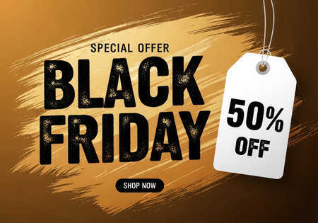 A graphic advertising a Black Friday sale with a special offer of 50% off. This promotional image invites customers to shop during the discount event with clear text and a price tag.の素材