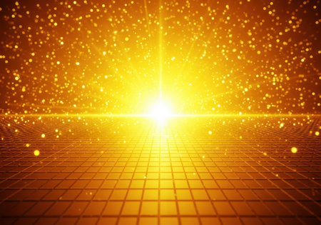 A bright burst of light emanates from the center of the image, illuminating a textured surface. Tiny, glowing particles are scattered across the scene, creating a festive and dynamic atmosphere.の素材