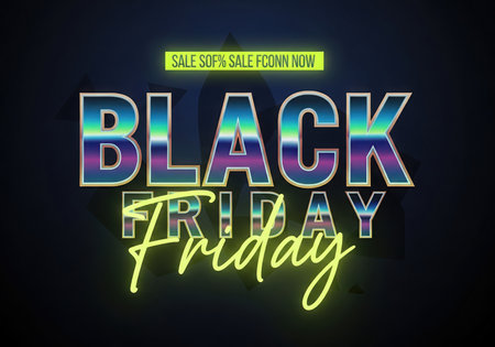 This vibrant neon graphic announces a Black Friday sale, perfect for retail promotions. It features bold text and a reflective effect, ideal for advertising special shopping events and discounts.の素材