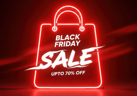 A glowing neon bag shape advertises a Black Friday sale with a discount of up to 70 percent off. This image represents a major shopping event and retail promotion.の素材