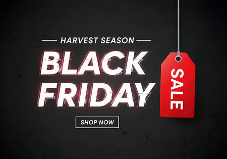 Black Friday advertising graphic for a harvest season sale event. Features bold text for 'Black Friday' and a red sale tag. Includes a 'Shop Now' button, inviting customers to engage with the promotion.の素材