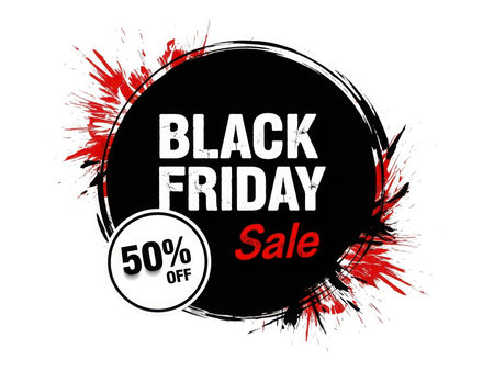 A bold graphic announcing a Black Friday sale with a prominent 50% off discount. Features a circular design with splattered paint effects and text indicating a special offer.の素材