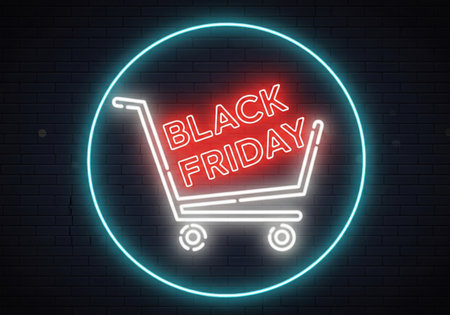 A neon sign depicting a shopping cart with 'Black Friday' inside, glowing against a dark background. This represents a sale event, retail promotion, and discount offers for shoppers during this popular shopping period.の素材