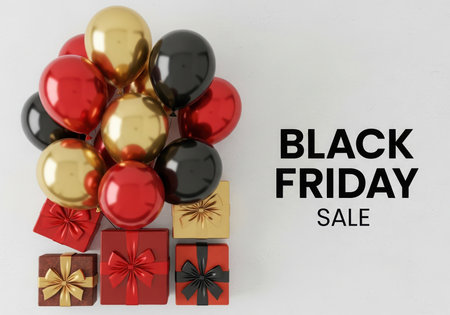 A festive arrangement of balloons and gift boxes, perfect for Black Friday sale advertising and promotional content. The image conveys excitement and the spirit of holiday shopping and special offers.の素材