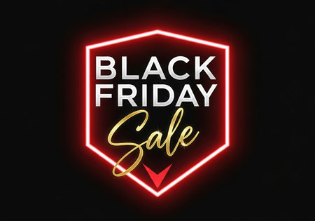 A vibrant neon sign displays 'Black Friday Sale' in glowing red and gold typography, set against a dark backdrop. This graphic is ideal for promoting retail discounts and shopping events.の素材
