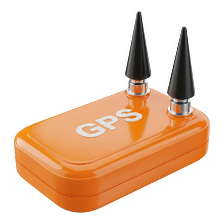 An orange GPS device with antennas is used for navigation and location tracking. It represents modern technology, global positioning, and wireless communication.の素材