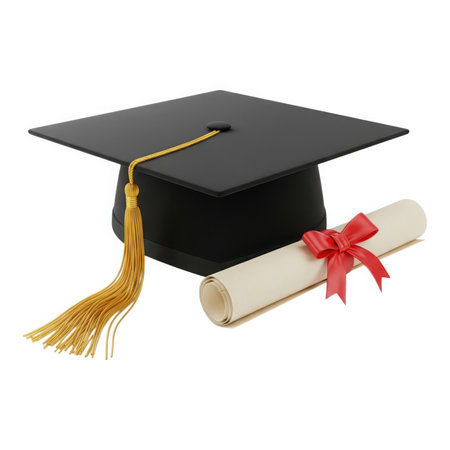 A graduation cap and diploma tied with a red ribbon symbolize academic achievement. This image represents success, education, and the culmination of hard work.の素材